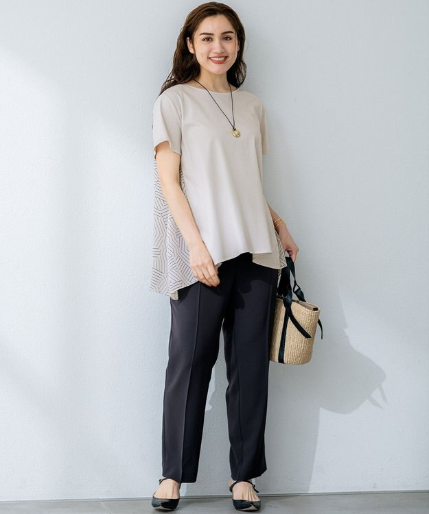 23区 L 【Lサイズ限定/洗える】スカーフプリントコンビ バックフレア カットソー ベージュ×ブラック