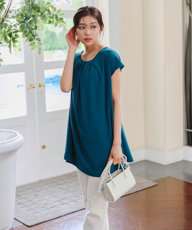 Tiaclasse 【洗える】フレアフレンチチュニックブラウス ターコイズ