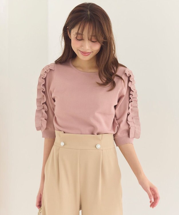Feroux 【洗える】フリルスリーブニット ピンク系