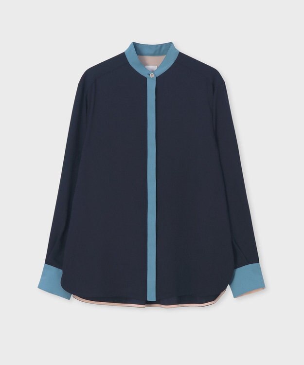 Paul Smith バックサテン ジョーゼット スタンドカラー ブラウス ネイビー