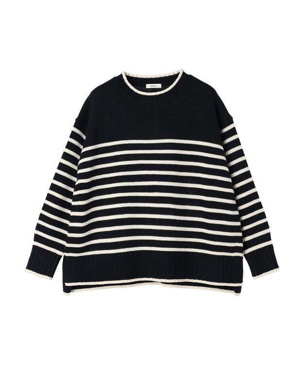 earth music&ecology ウォッシャブル脇スリットクルーネックプルオーバー Border Navy