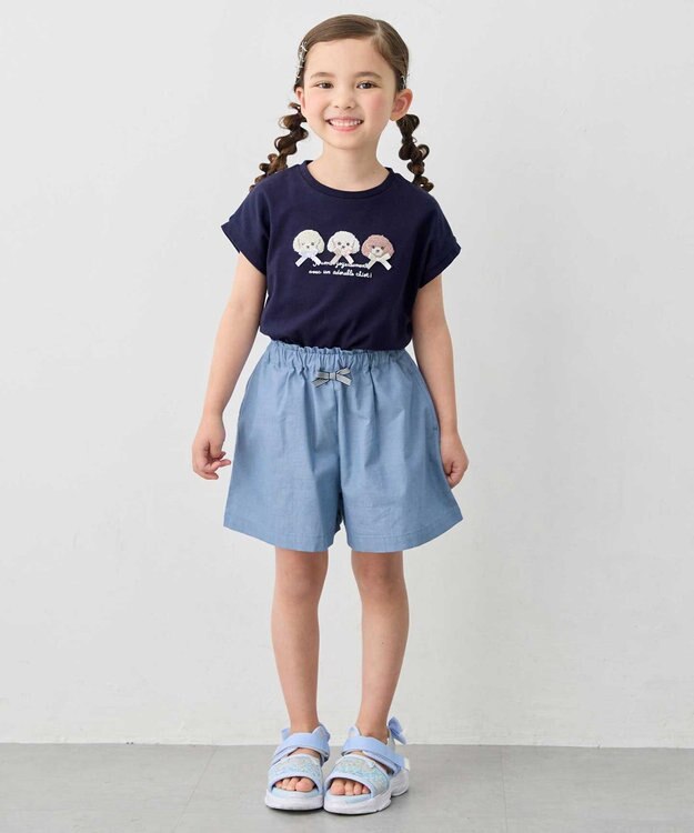 ANY KIDS 【綿100%】ひんやり フレンチスリーブ サガラ刺繡Tシャツ ネイビー×イヌ