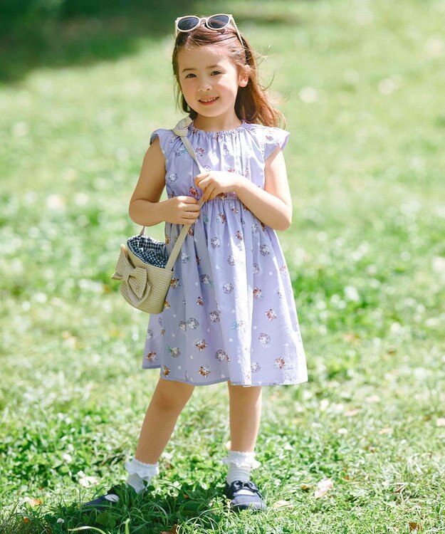 ANY KIDS 【WEB限定柄有】総柄 サマー ワンピース ラベンダー系ネコ