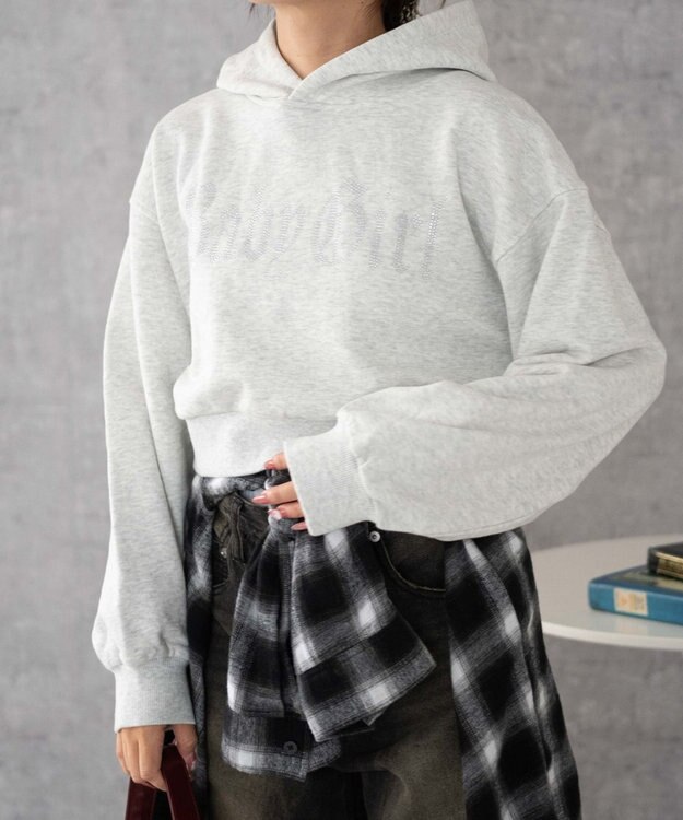 WEGO ラインストーンショートプルパーカー ライトグレー