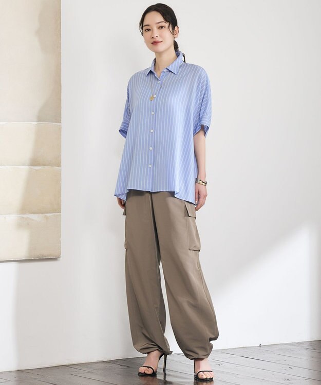 自由区 【接触冷感・UVケア・抗菌防臭・洗える】リヨセルポプリン ブラウス [新色]サックス×オフストライプ