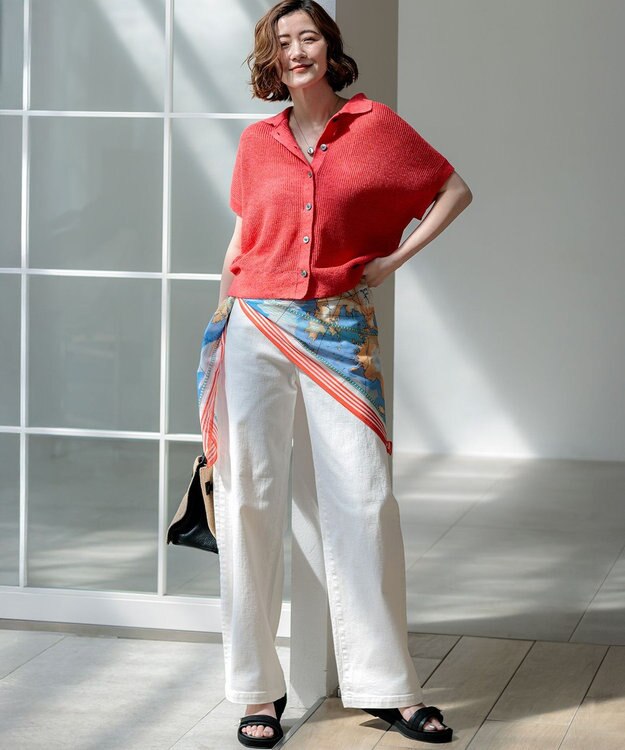 23区 【先行予約】ピュアリネン ハーフスリーブ ポロニット オレンジ系