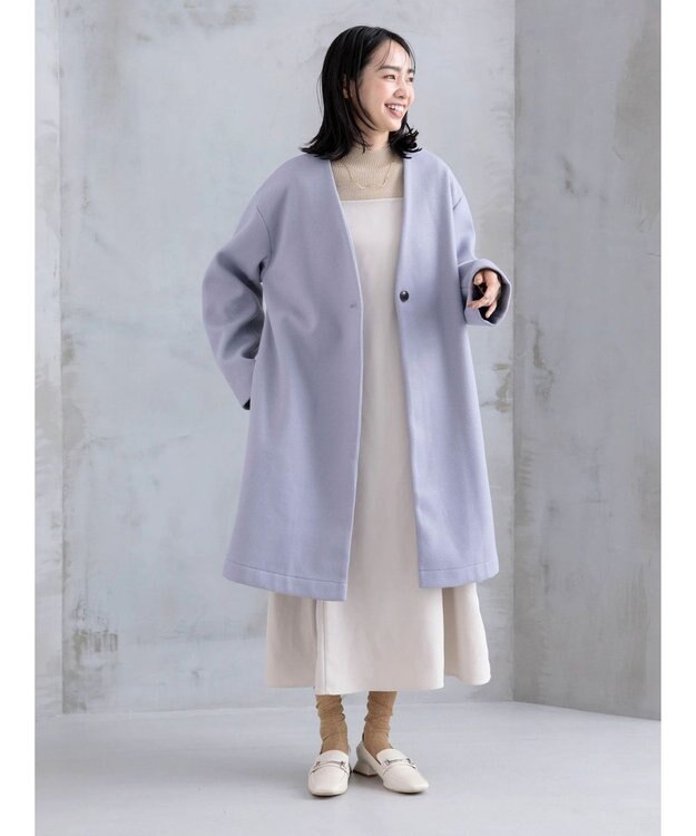 Green Parks 洗えるＶネックミディ丈コート Sax