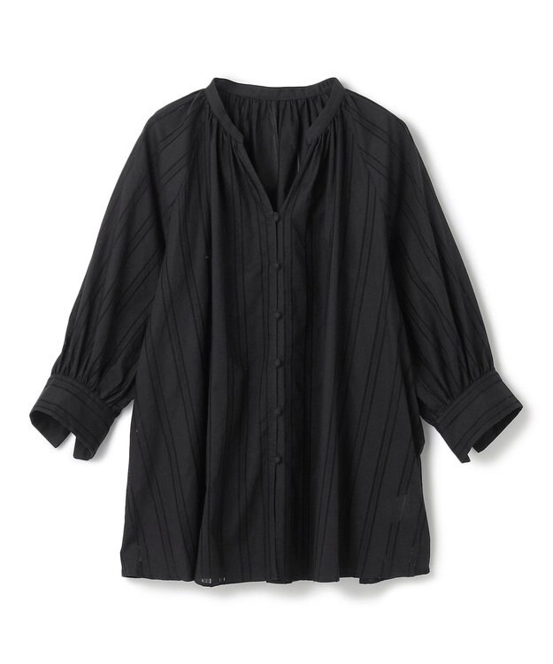 UNFILO ストライプレース ギャザーブラウス ブラック
