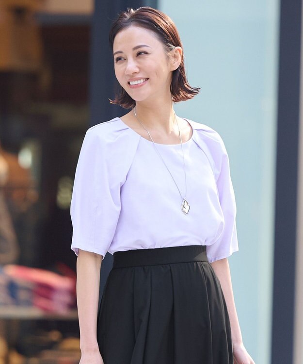 自由区 【XSサイズ~/洗える】ツイストプレインジャージー袖タック カットソー ライラック系