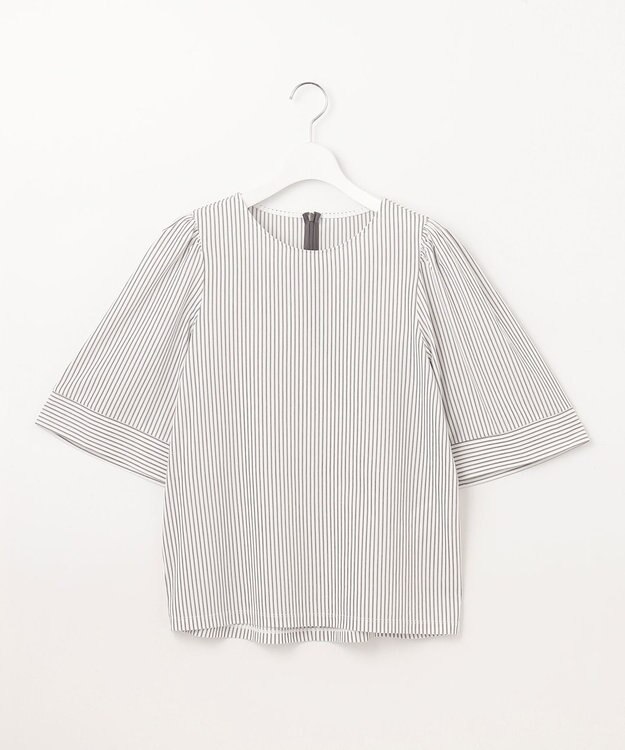 自由区 【洗える】リヨセルコットンストライプ カットソー オフ×スレート