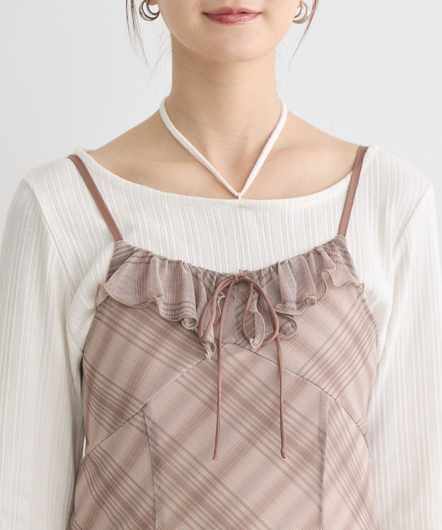 earth music&ecology フロントリボンチェックミニキャミワンピース Check Brown