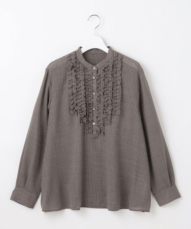 自由区 【セットアップ対応・洗える】ハイツイストビエラフロントフリル ブラウス ブラウン系チェック