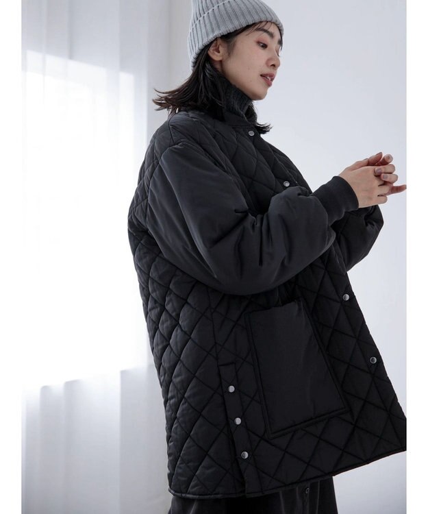 Green Parks 撥水加工　中綿キルトミドル丈コート Black