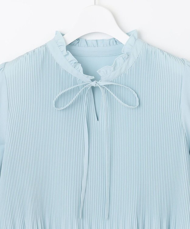 Feroux 【洗える】プリーツコンビ半袖 ブラウス スカイブルー系