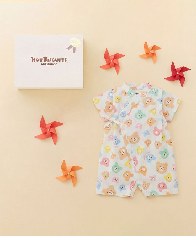 MIKI HOUSE HOT BISCUITS 総柄 ベビー甚平オール ギフトセット【BOX付き】 白
