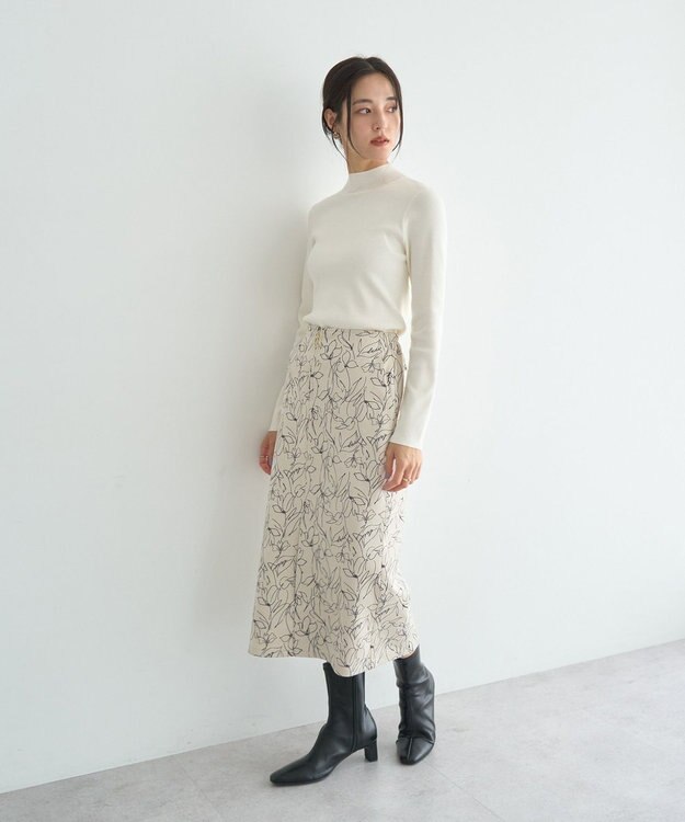 YECCA VECCA ラインフラワー柄フェイクスエードスカート Charcoal Gray