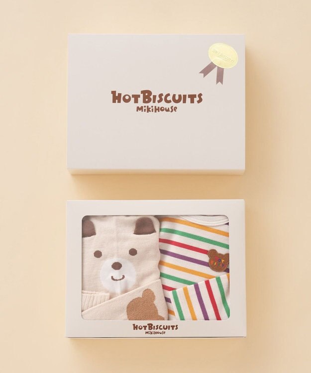 MIKI HOUSE HOT BISCUITS ボーダー柄長袖Tシャツ＆ベビースパッツギフトセット【BOX付き】 アイボリー