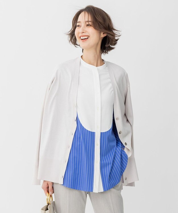 自由区 【洗える】シルクコットンハイゲージ Vネックカーディガン ライトグレー系