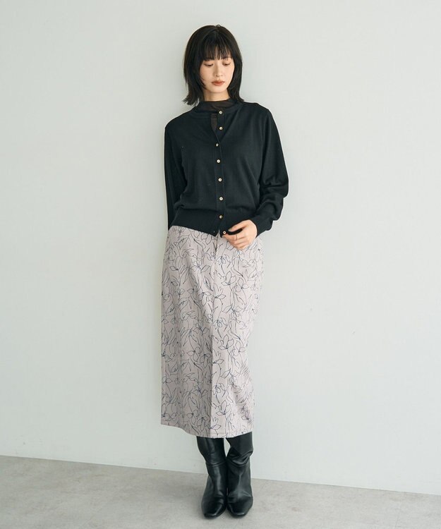 YECCA VECCA ラインフラワー柄フェイクスエードスカート Charcoal Gray