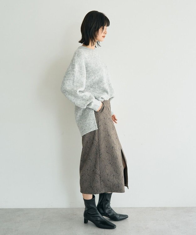 YECCA VECCA ラインフラワー柄フェイクスエードスカート Charcoal Gray