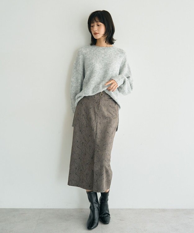 YECCA VECCA ラインフラワー柄フェイクスエードスカート Charcoal Gray