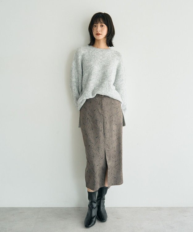 YECCA VECCA ラインフラワー柄フェイクスエードスカート Charcoal Gray
