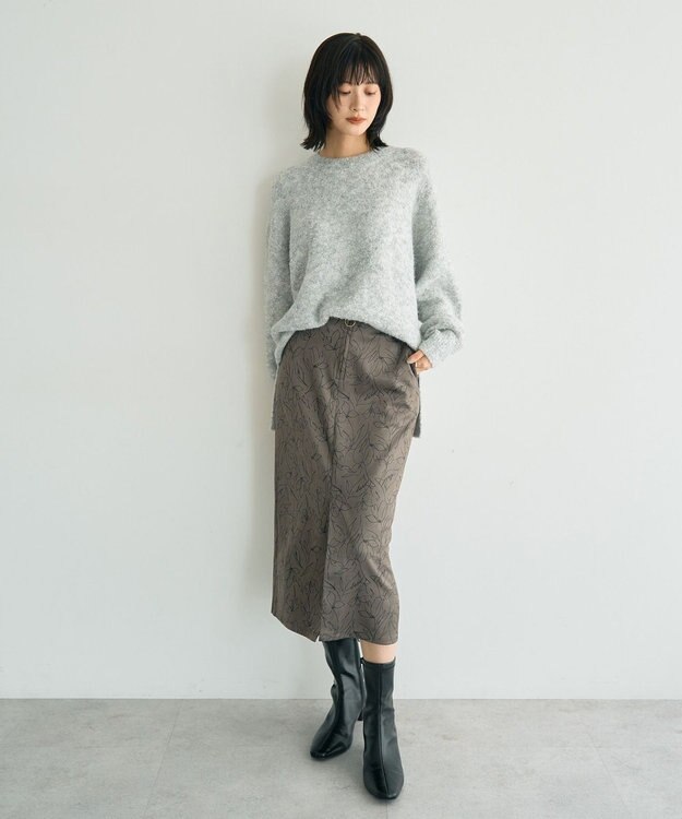 YECCA VECCA ラインフラワー柄フェイクスエードスカート Charcoal Gray