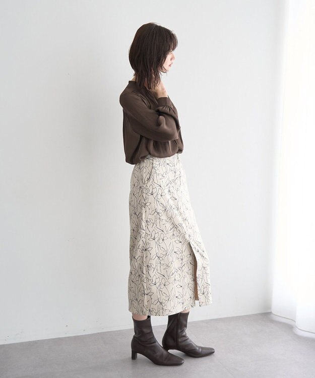 YECCA VECCA ラインフラワー柄フェイクスエードスカート Charcoal Gray