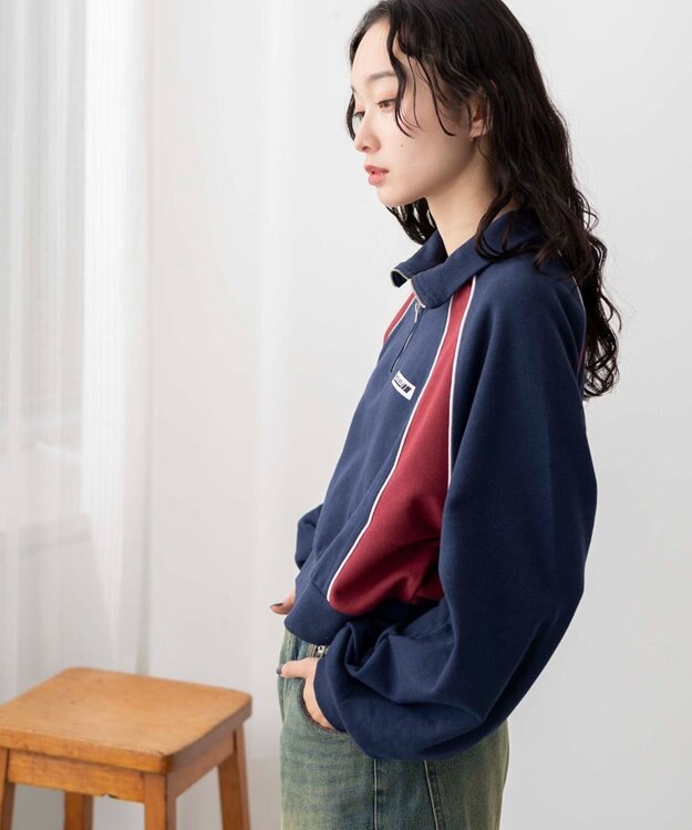 WEGO パイピング切替ショートハーフZIPスウェット ネイビー