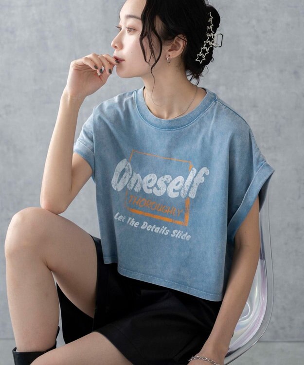 WEGO 【洗える】ヴィンテージウォッシュロールアップショートTシャツ ブルーその他