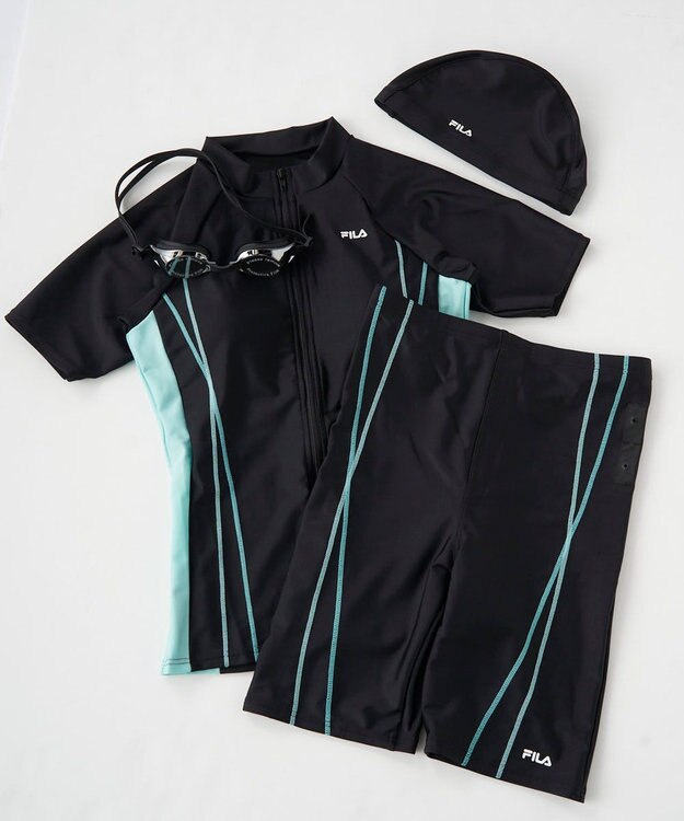 OP／FILA 【FILA】フルジップ半袖フィットネス水着4点セット/キャップ＆ミラーゴーグル付き ブラック×ミント