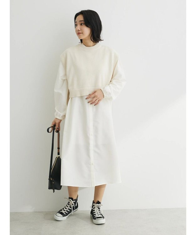 Green Parks ＳＥＴ２点　ニットベスト＋シャツワンピース Off White
