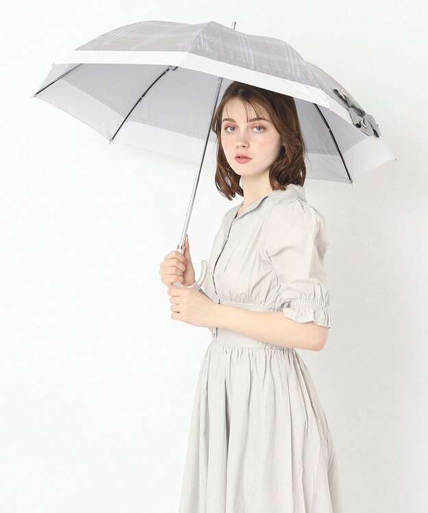 MOONBAT ランバン オン ブルー 晴雨兼用日傘 長傘 切り継ぎビジューリボン 遮光 遮熱 UV グレー（グレンチェック）