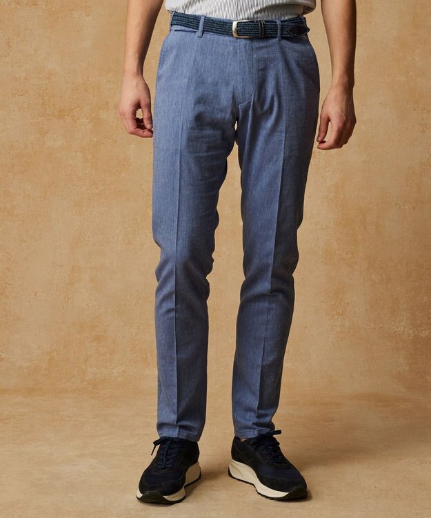 JOSEPH ABBOUD 【キングサイズ・ウエストも伸びる/清涼/ストレッチ】ストレッチリネンシャンブレーパンツ サックスブルー系