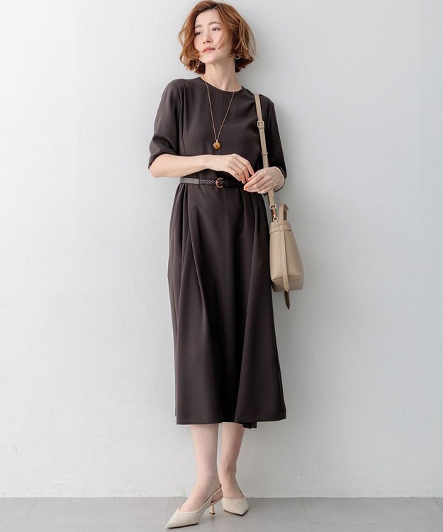 23区 S ストレッチジョーゼット フレアワンピース ダークブラウン系