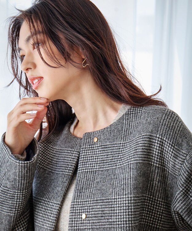 ANY 【防風裏地】ウールブレンドノーカラーコート グレンチェック