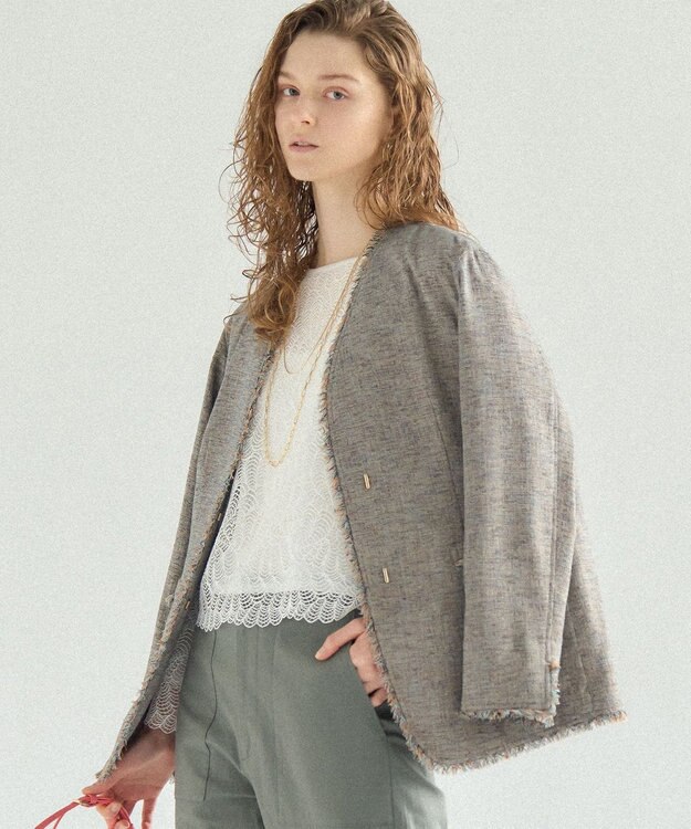 23区 【先行予約】リネンライクブッチャー フリンジノーカラージャケット ダークブラウン系