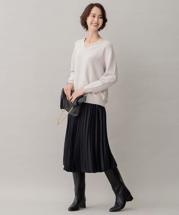 自由区 【洗える】ロイヤルサテン プリーツスカート ネイビー系