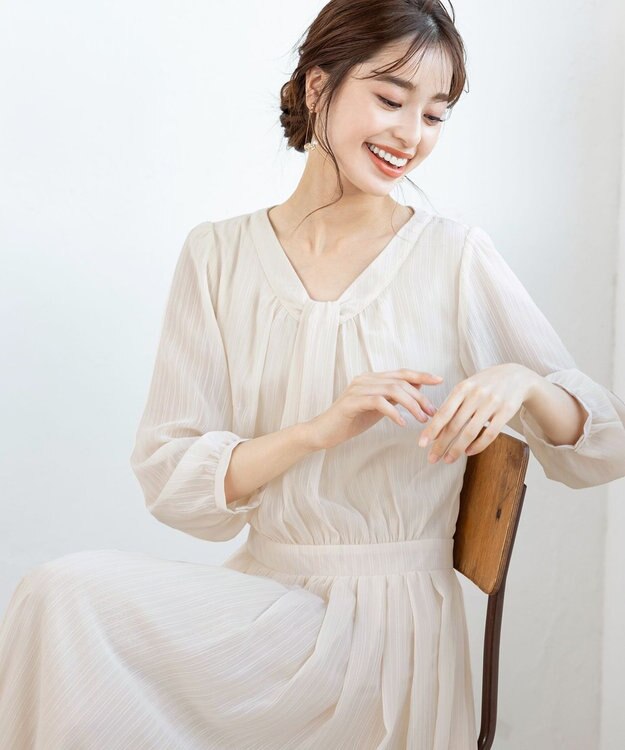 Tiaclasse L 【新色追加・洗える】シフォンギャザーワンピース ベージュ