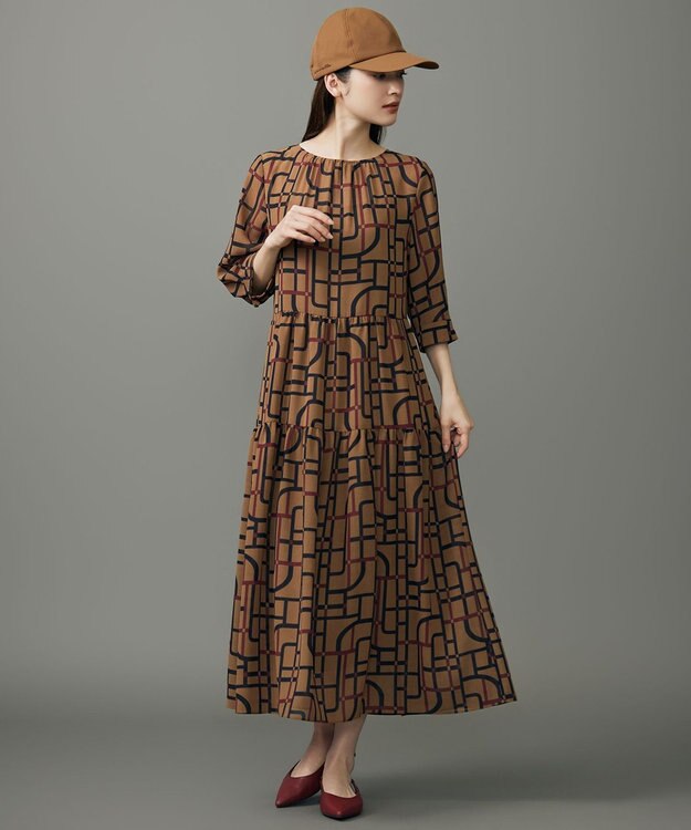 自由区 S ジオメトリックレトロプリント ワンピース ベージュベース