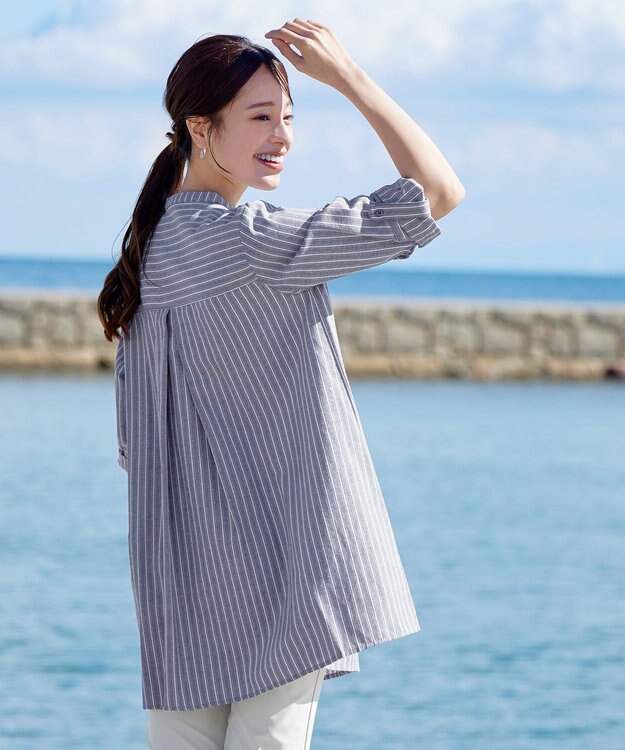 Tiaclasse L 【新色追加】バンドカラーシャツチュニックブラウス ネイビーストライプ