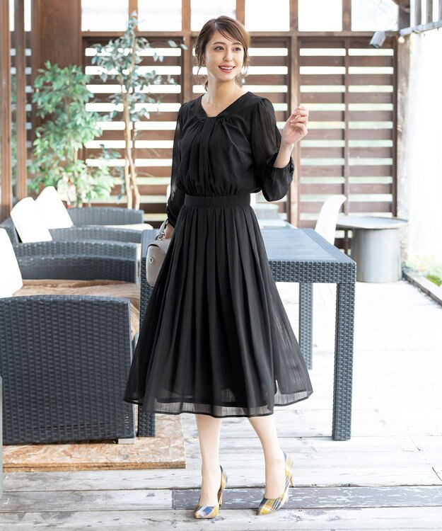 Tiaclasse L 【新色追加・洗える】シフォンギャザーワンピース ブラック