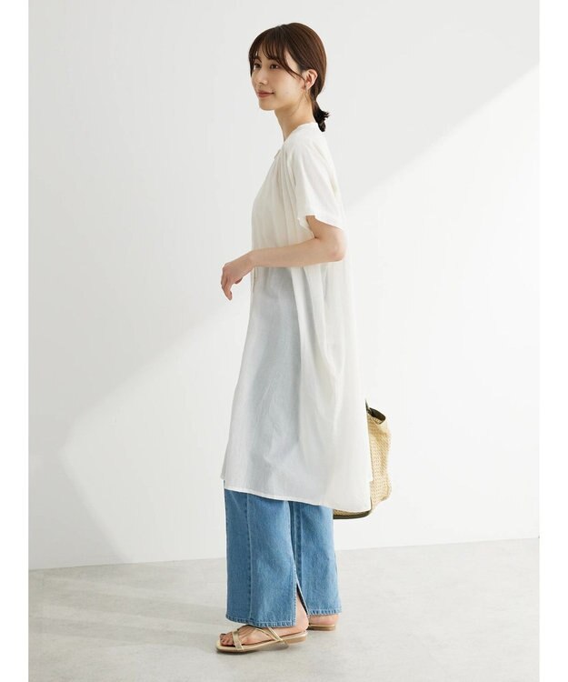 Green Parks インド綿 　ギャザー５分袖チュニック Off White