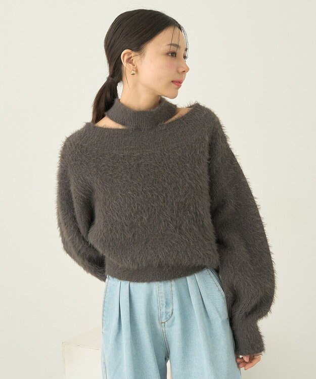 earth music&ecology ロングシャギースリットネックニットプルオーバー Mocha
