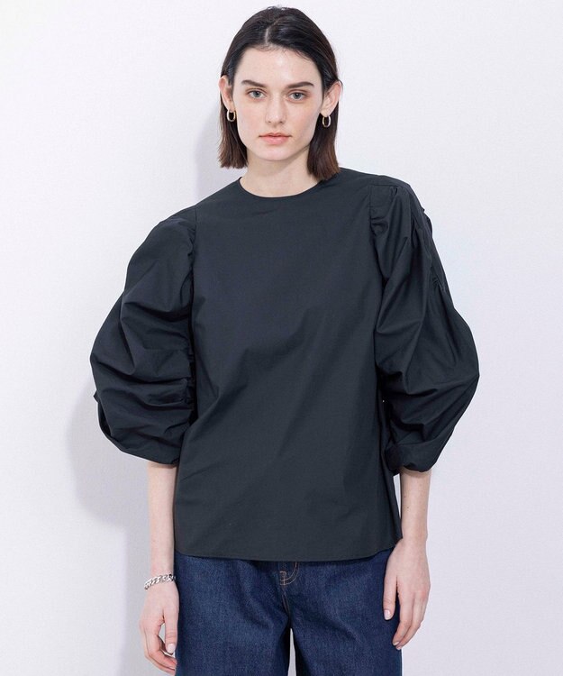 NAVE 【Nave・洗える】タイプライタークロス ギャザーブラウス ブラック系