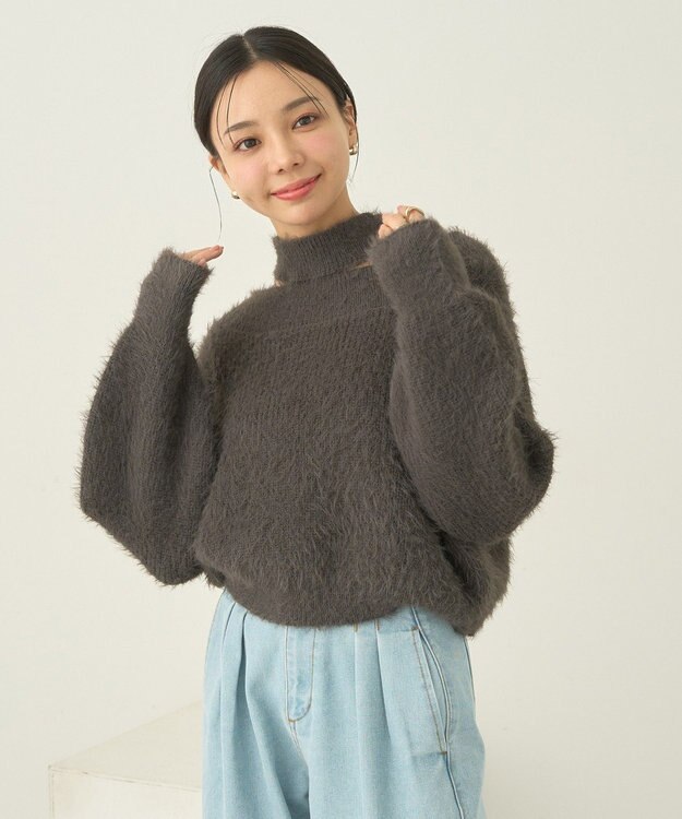 earth music&ecology ロングシャギースリットネックニットプルオーバー Mocha