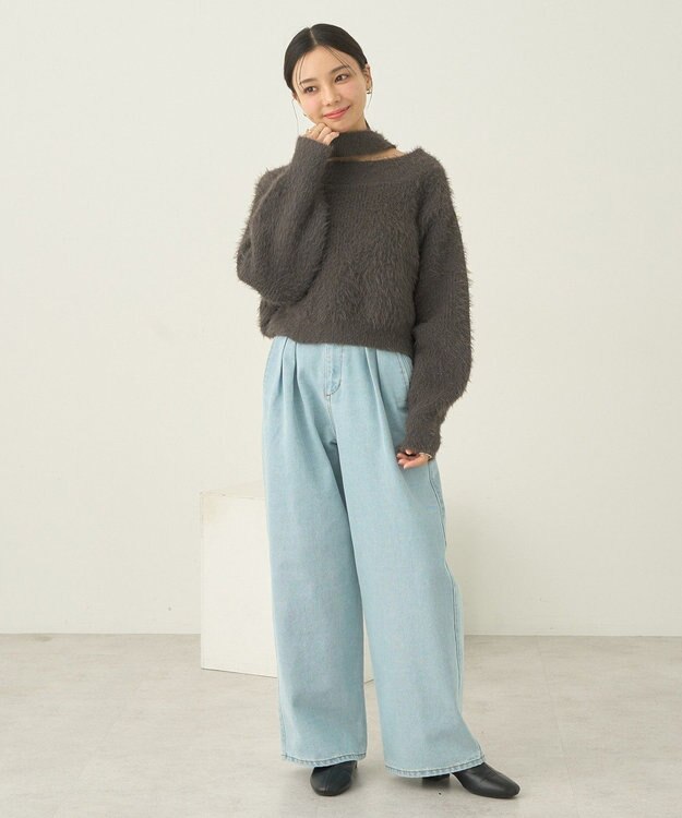 earth music&ecology ロングシャギースリットネックニットプルオーバー Mocha