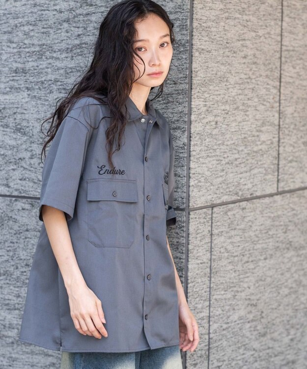 WEGO 【ユニセックス着用ITEM】刺繍ロゴツイルワークシャツ ブラック中濃色