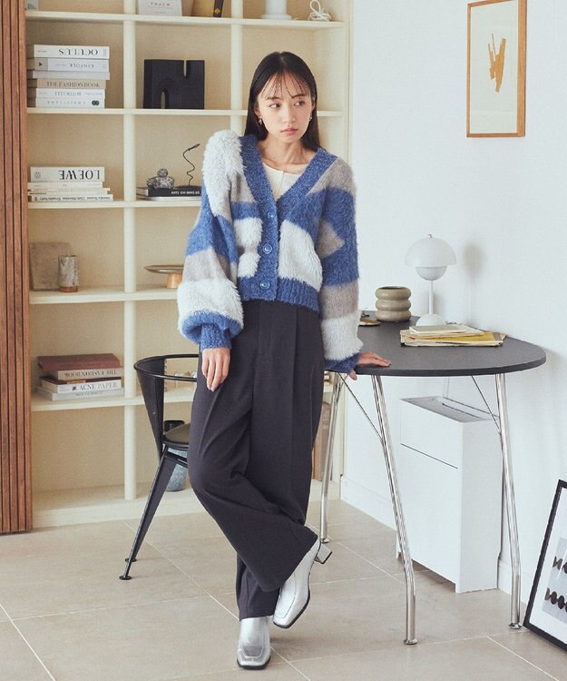 earth music&ecology フェザーミックスインターシャカーディガン Blue