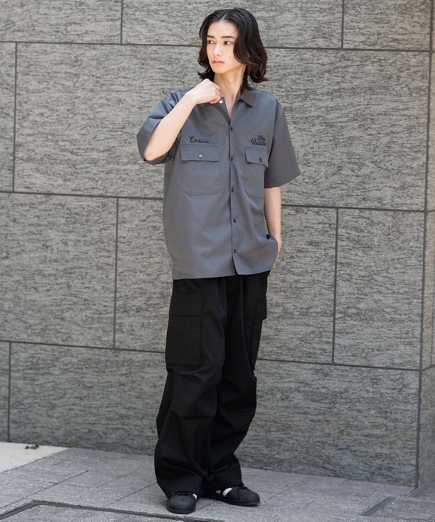 WEGO 【ユニセックス着用ITEM】刺繍ロゴツイルワークシャツ ブラック中濃色